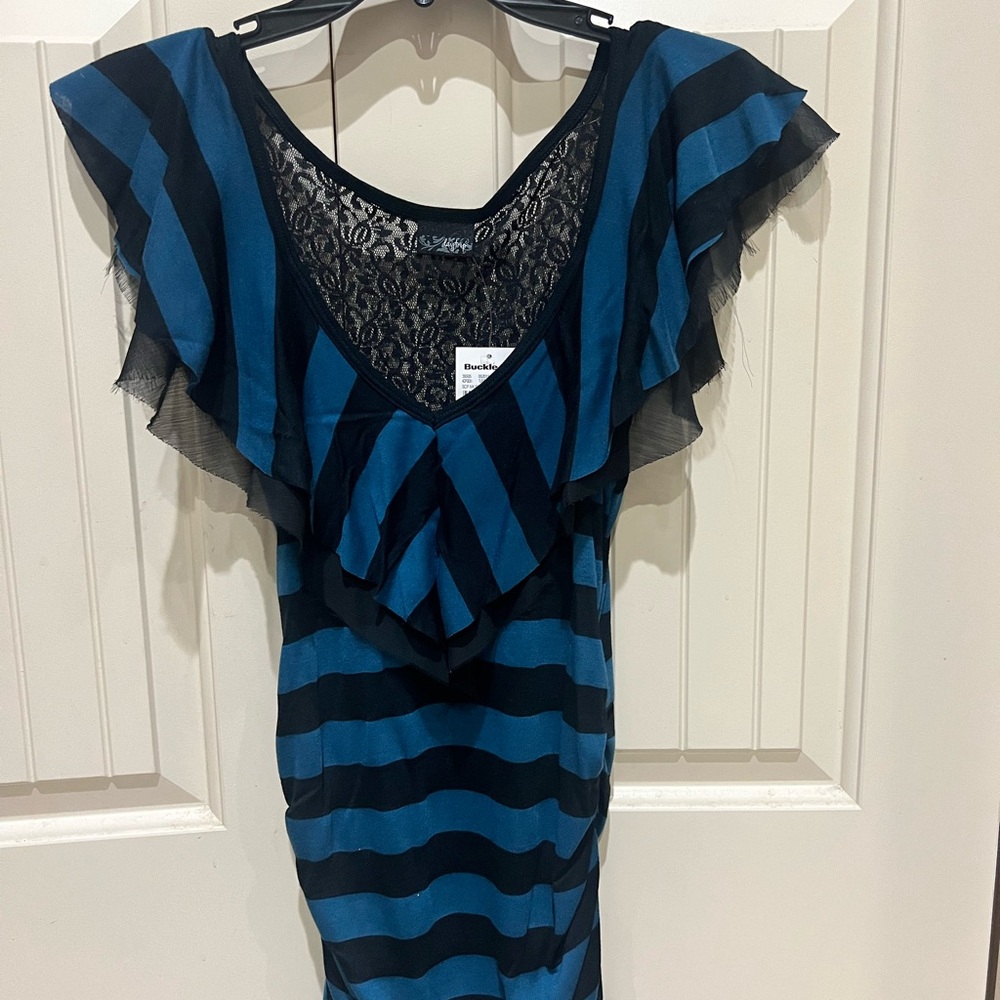 Black and Blue Striped Shirt with Lace Detail